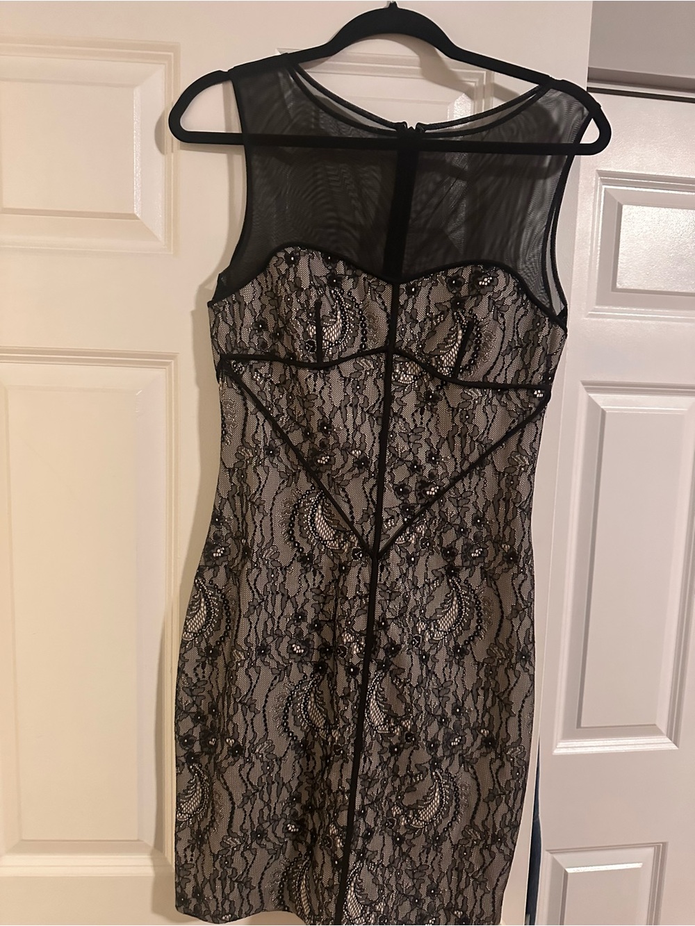 Halston Heritage Black Lace and Nude Sheath Dress
